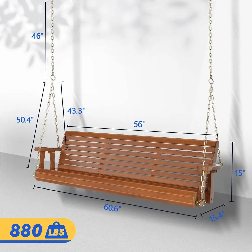 Heavy-Duty 880lbs Wooden Porch Swing with Hanging Chains for Courtyard and Garden (Brown)