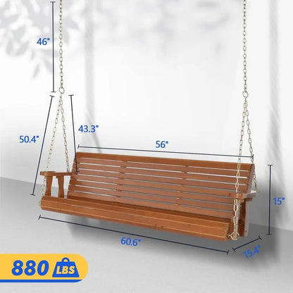 Heavy-Duty 880lbs Wooden Porch Swing with Hanging Chains for Courtyard and Garden (Brown)